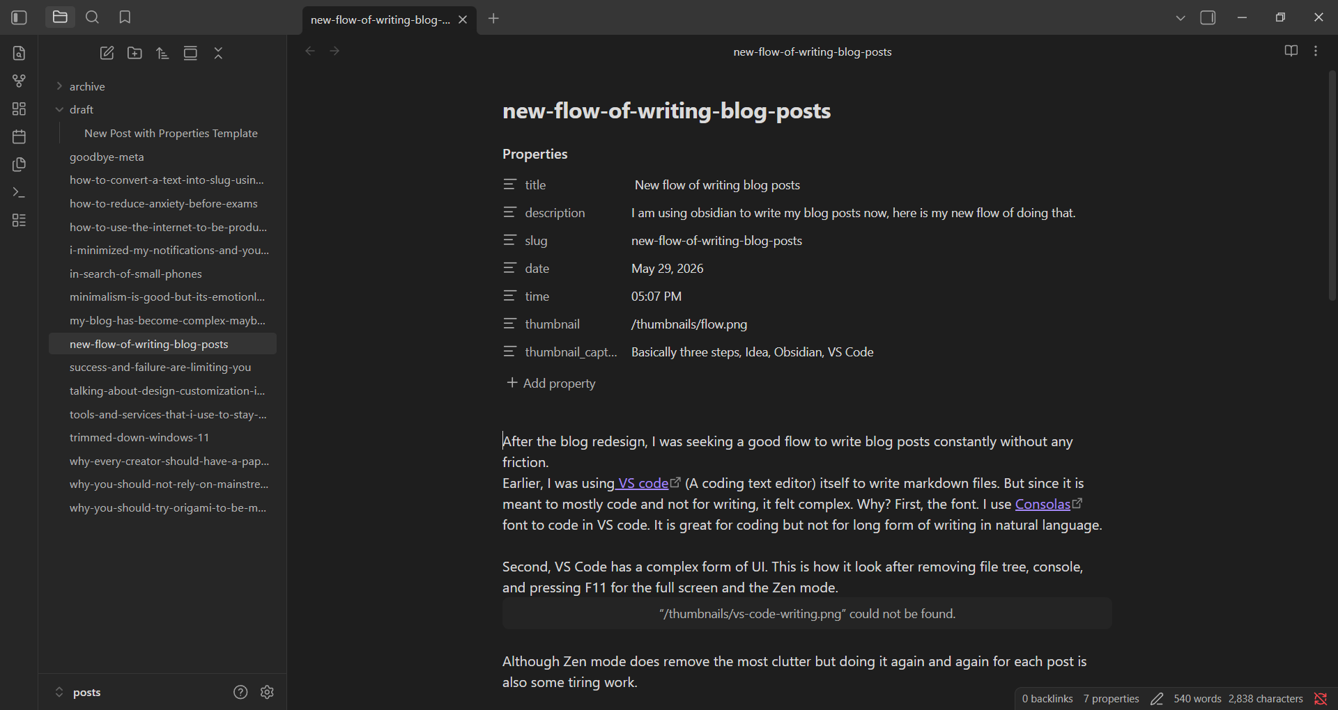 The Obsidian interface for writing.