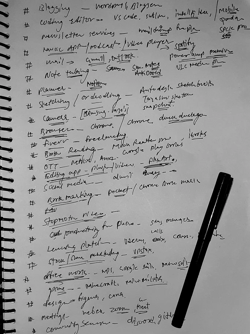 The raw list of categories and tools I wrote on paper before writing this post. Don’t try to read that, I’ve explained this script below.